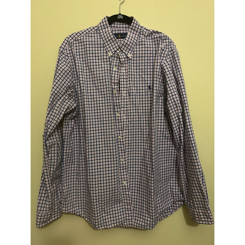 Ralph Lauren Button Down Shirt Mens XL Pink Navy Blue Gingham Excellent Classic